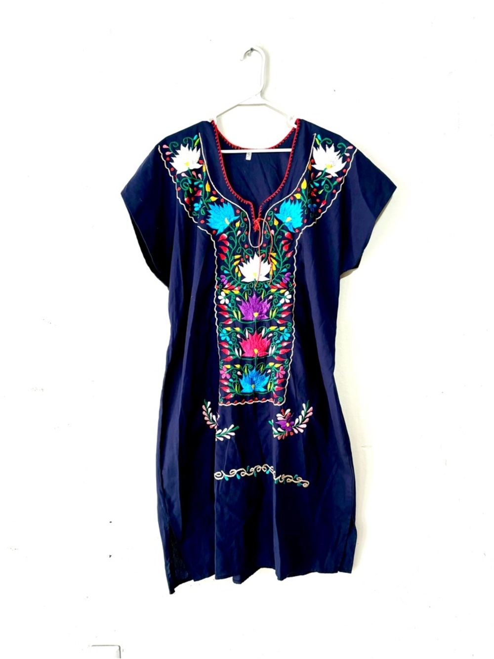 VTG Mexican Embroidered Dark Blue w/Adjust Ties Midi Dress M/L